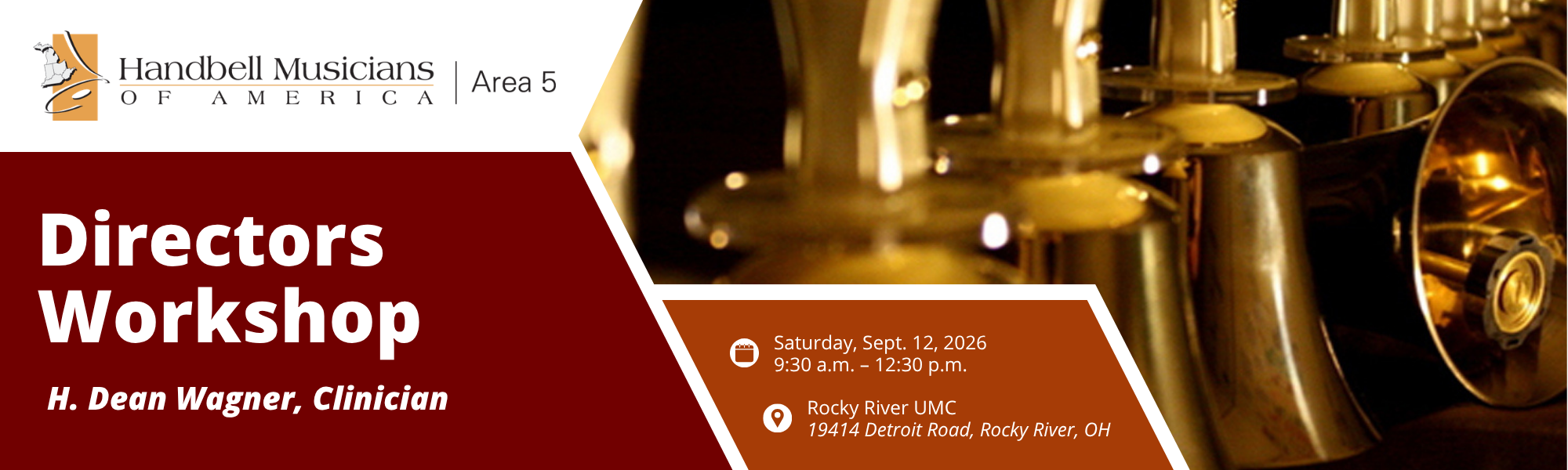 Banner reads "Directors Workshop. H. Dean Wagner, Clinician. Saturday, Sept. 12, 2026. 9:30 a.m. to 12:30 p.m. Rocky River UMC, 19414 Detroit Road, Rocky River, Ohio."